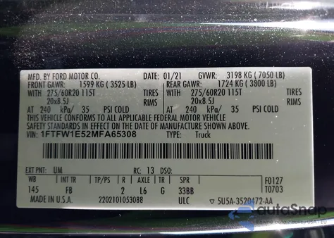 2021 Ford F-150 Xlt from USA, damaged, VIN 1FTFW1E52MFA65308